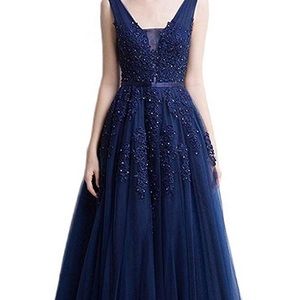 Navy blue v-neck prom dress